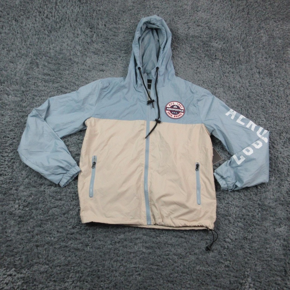 Aeropostale Jacket Mens Small Blue Hooded Windbreaker Zip Logo Colorblock NWT